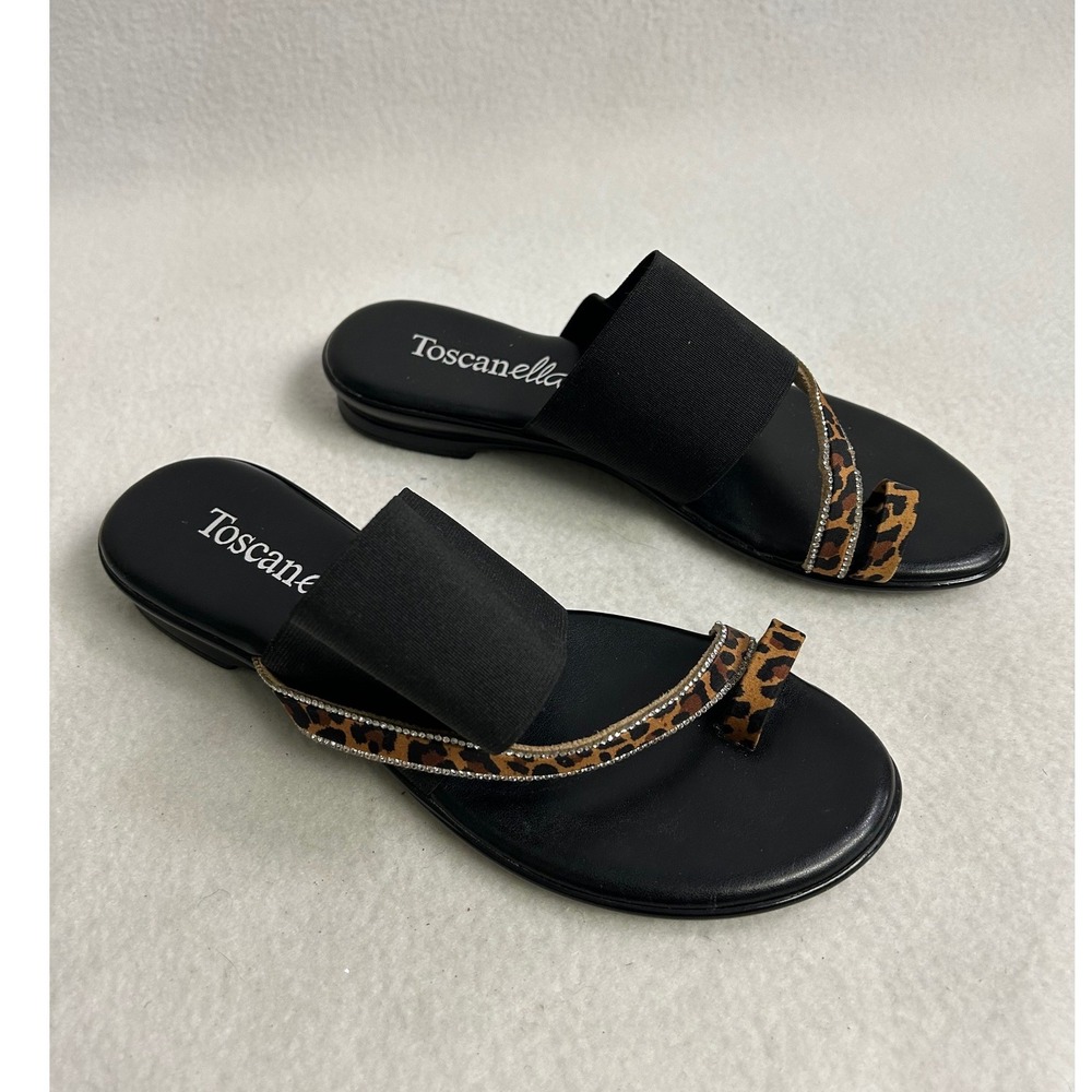 Animal Rhinestone Toscanella Womens 8.5 Black Leopard Toe Ring Slide Sandal